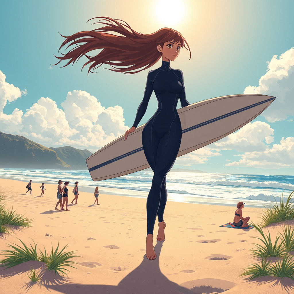 Giant Surfer on Beach in Anime Style