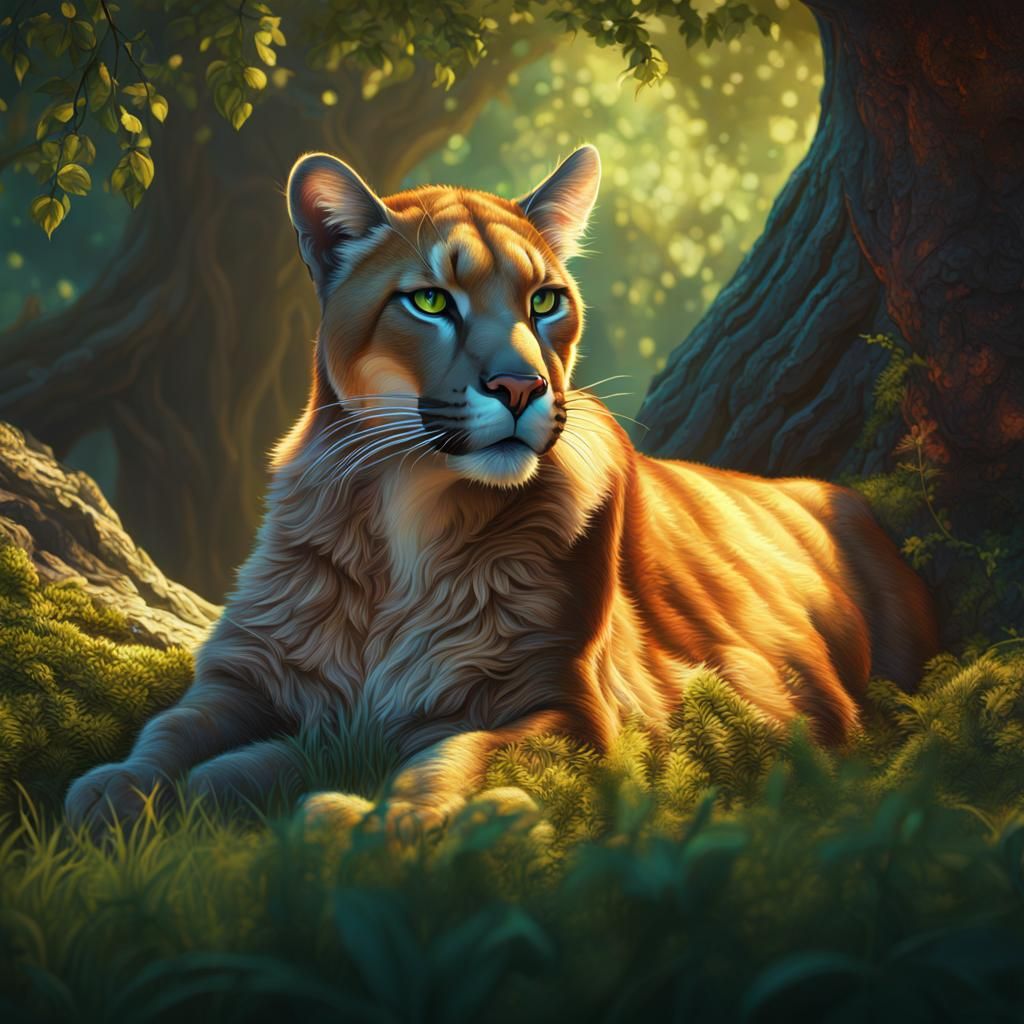 Puma Resting Under Shady Tree, Digital Art