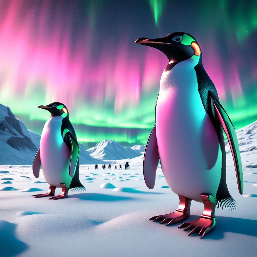 Anime Mecha Penguins in North Pole Aurora