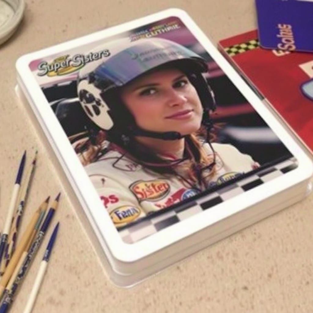 A racing sports card of auto racer Janet Guthrie in her car....