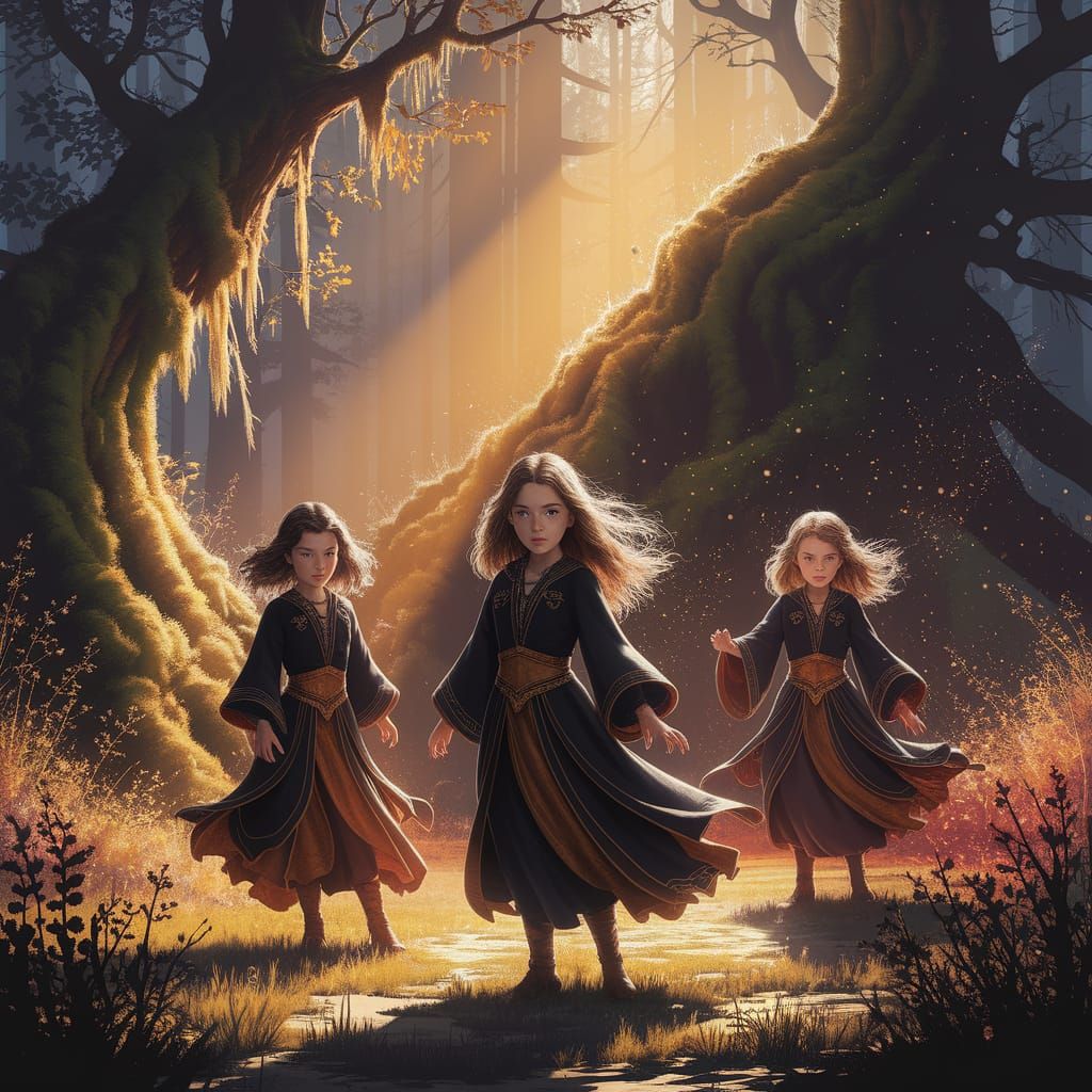 Three Sorceresses in Enchanted Forest, Ink Style