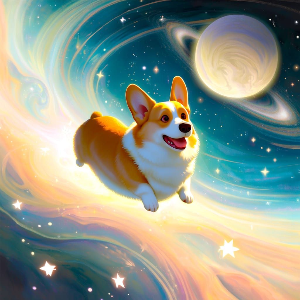 Joyful Corgi Soars Through Cosmic Nebula