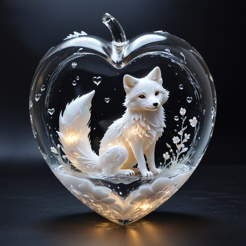Glowing White Fox Glass Heart Design