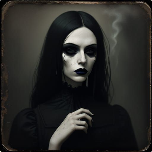 Ethereal Goth Beauty in Smoke-Filled Sepia Dreamscape