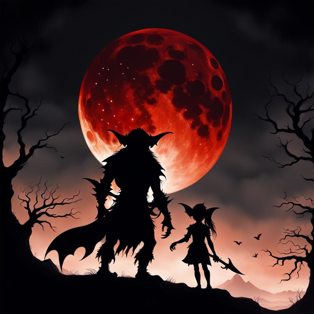 Goblin Silhouette Under Blood Moon