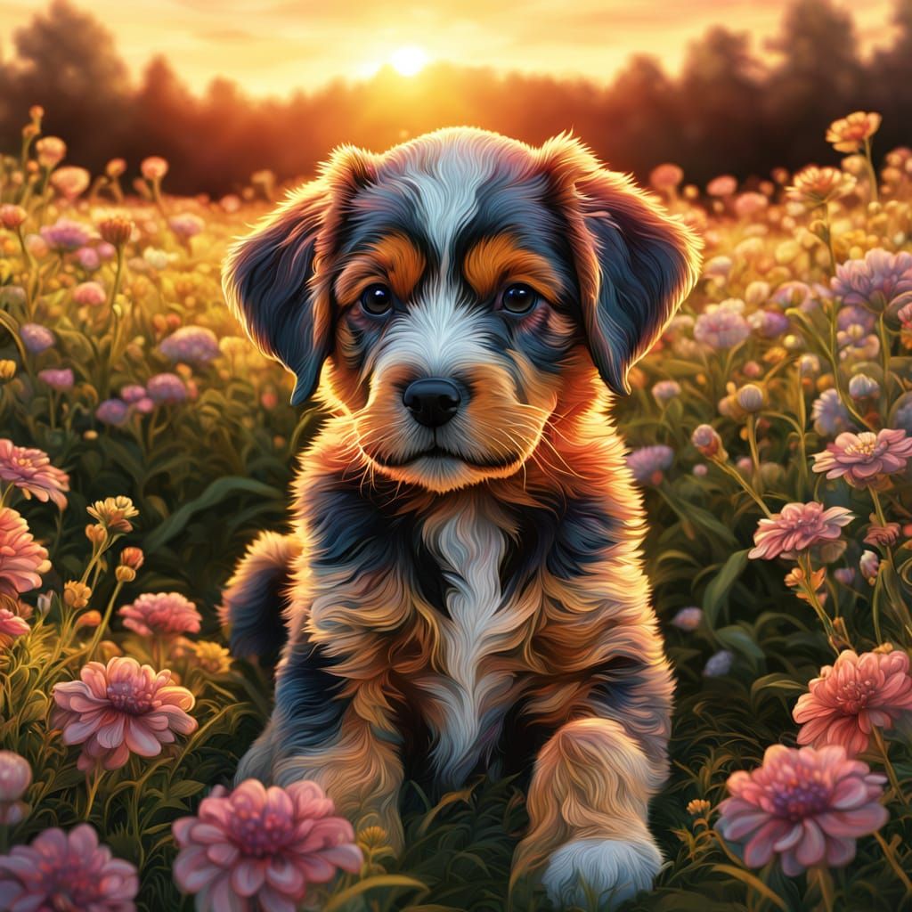 Puppy in Flower Field Digital Painting