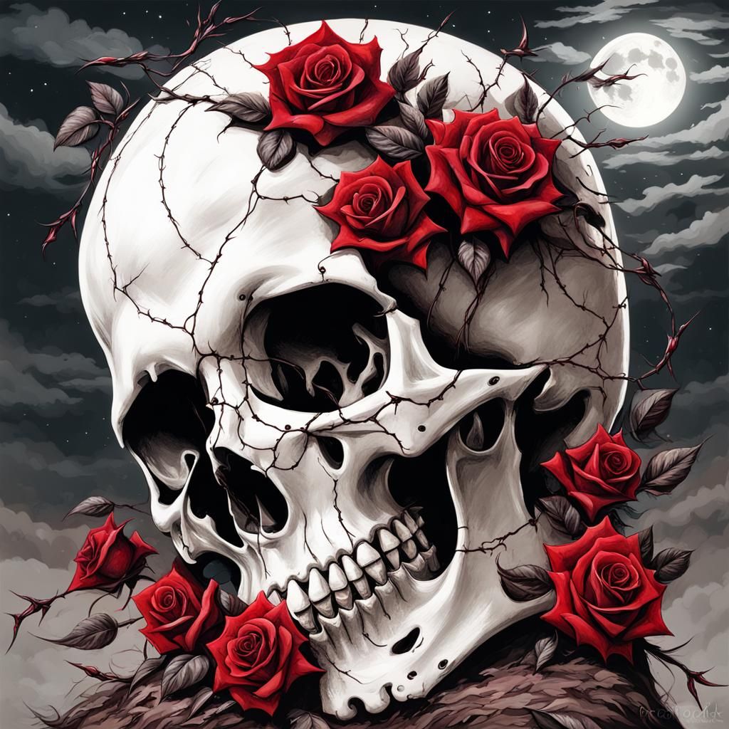 Enchanted Skull with Roses under Moonlight