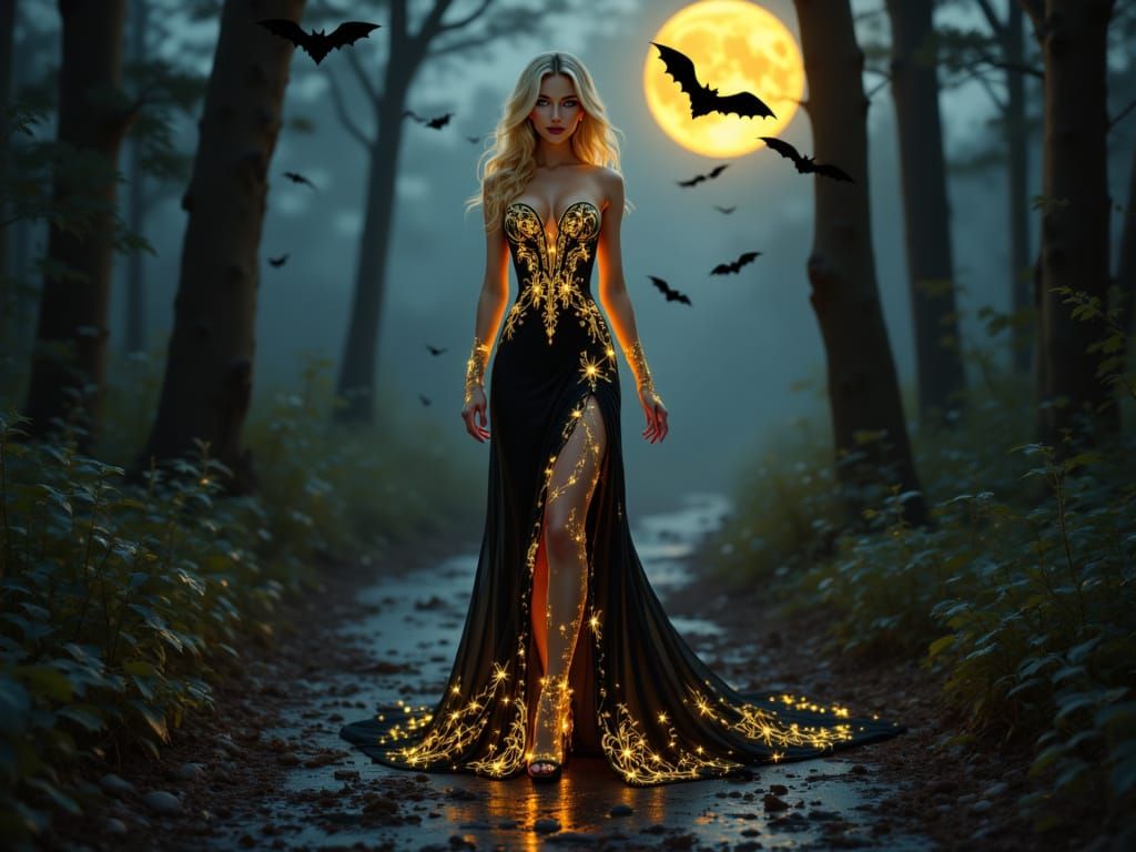 Blonde Woman in Glowing Black Dress on Forest Path