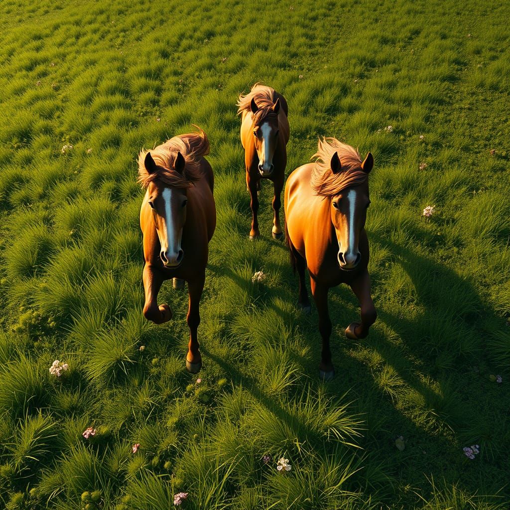 Horses Galloping on Green Grass, Bird's Eye View