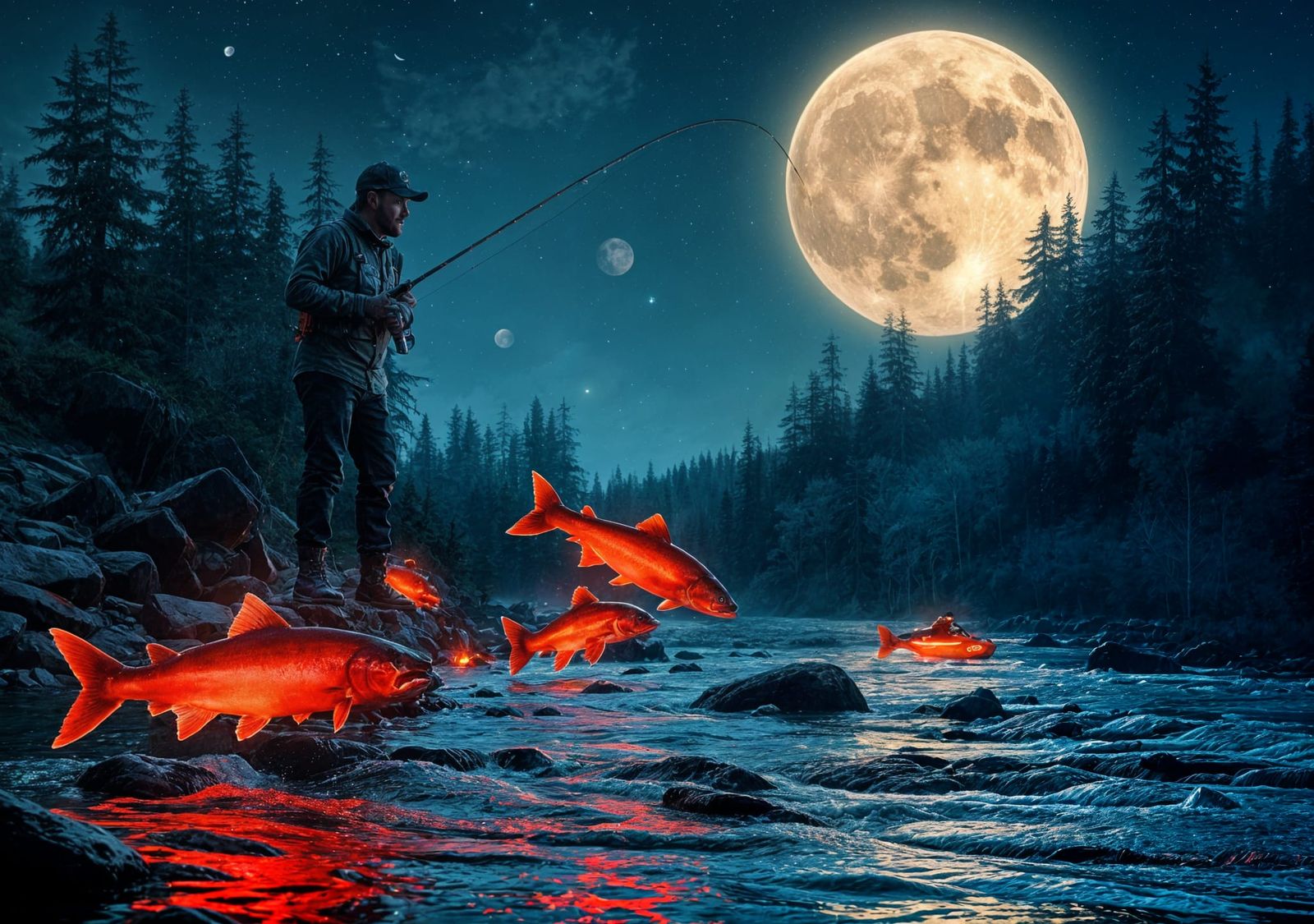 Neon Salmon Fishing in Alaska Under Glowing Moon