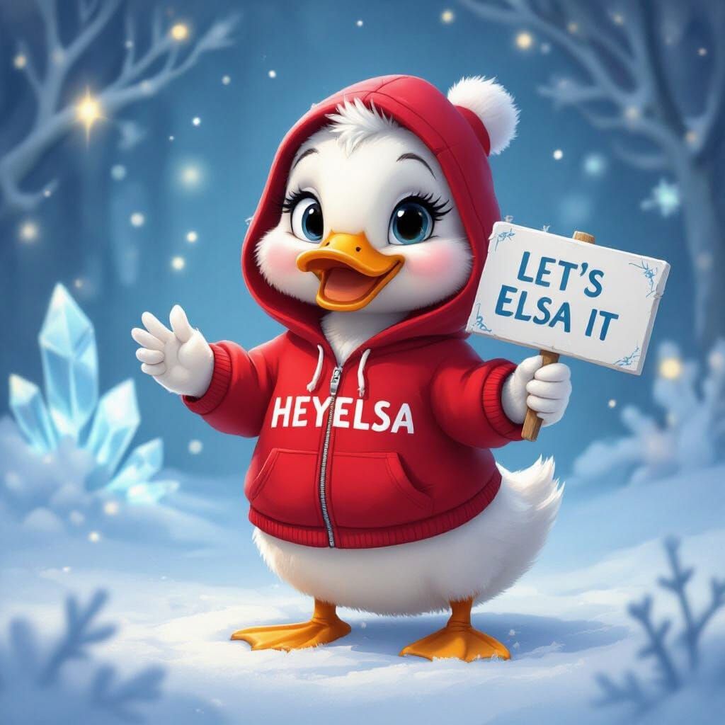 Cute Duck in Red Hoodie in Winter Wonderland