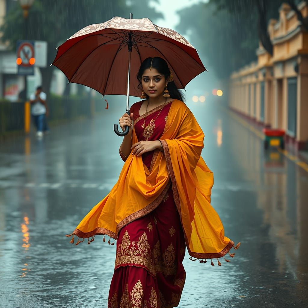 Indian Girl in Rain, Classical Painting Style