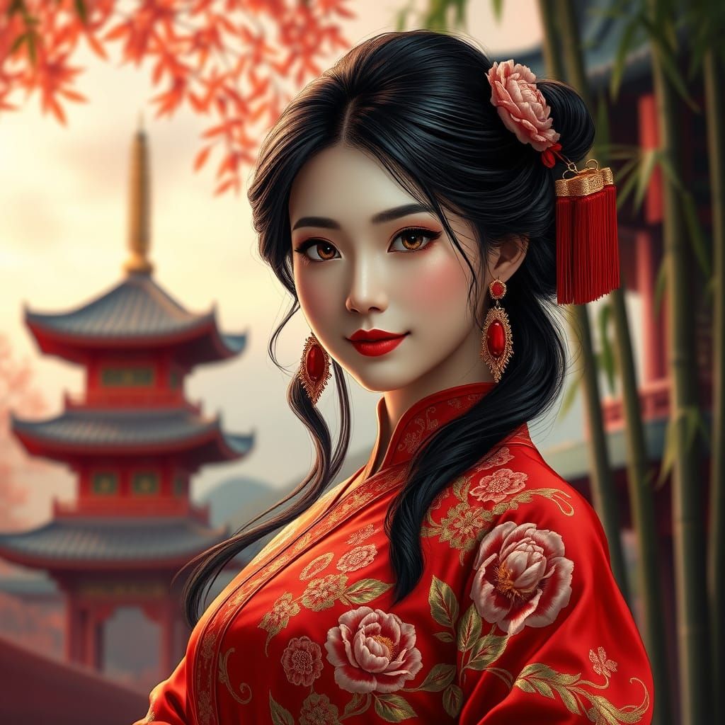 East Asian Woman in Silk Gown, Anime Style