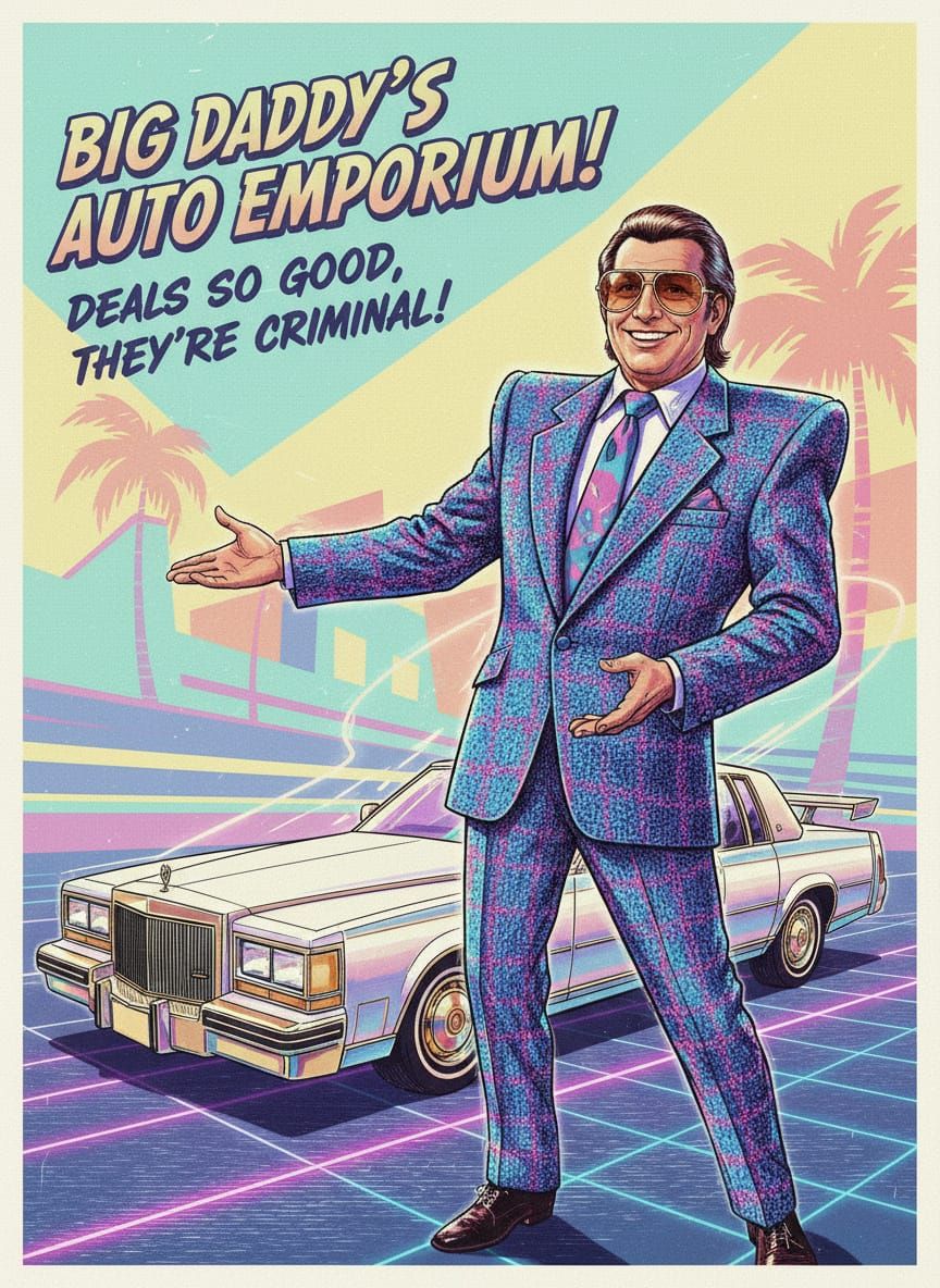 Obnoxious 80s Car Salesman in Tweed Suit with Aviator Sungla...