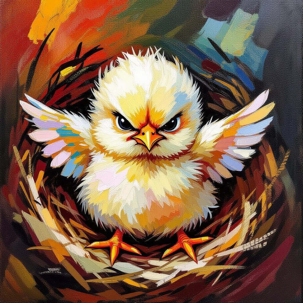 Fluffy Chick in Neo-Impressionist Style Nest
