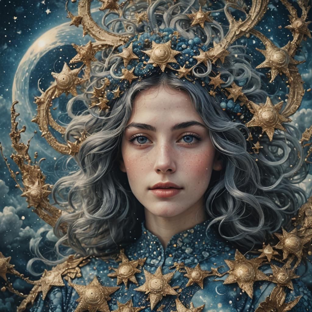 Ethereal Woman in Pointillism with Celestial Clouds