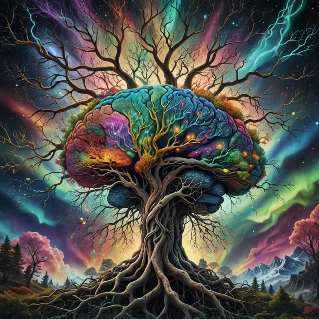 Brain Enveloped by Seasons: A Surreal Cosmic Illustration