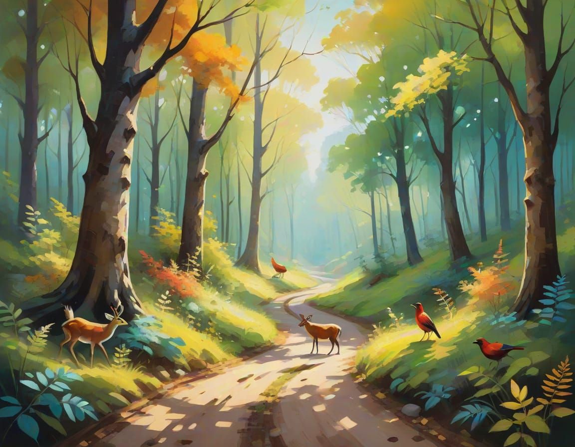 Serene Forest Scene in Vibrant Oil Painting Style