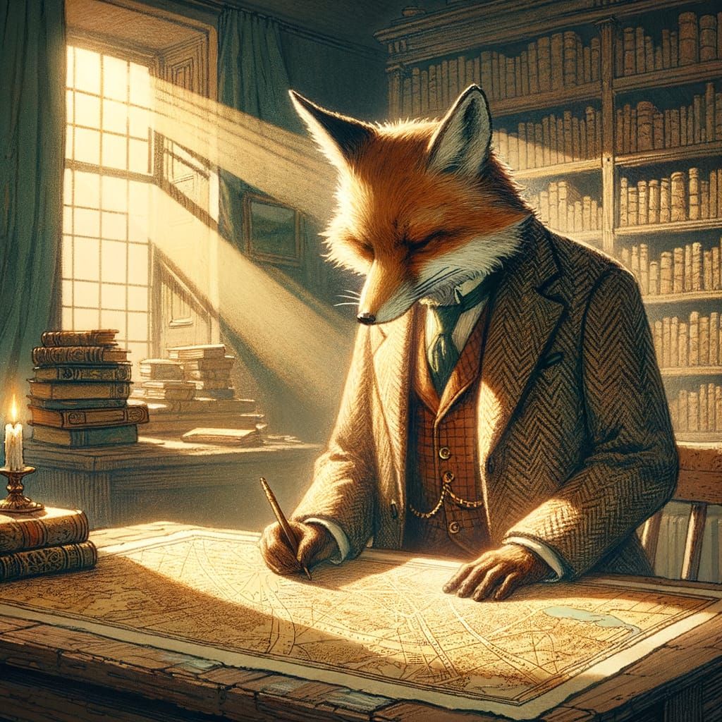 Wise Fox Studies Glowing Map in Ancient Study