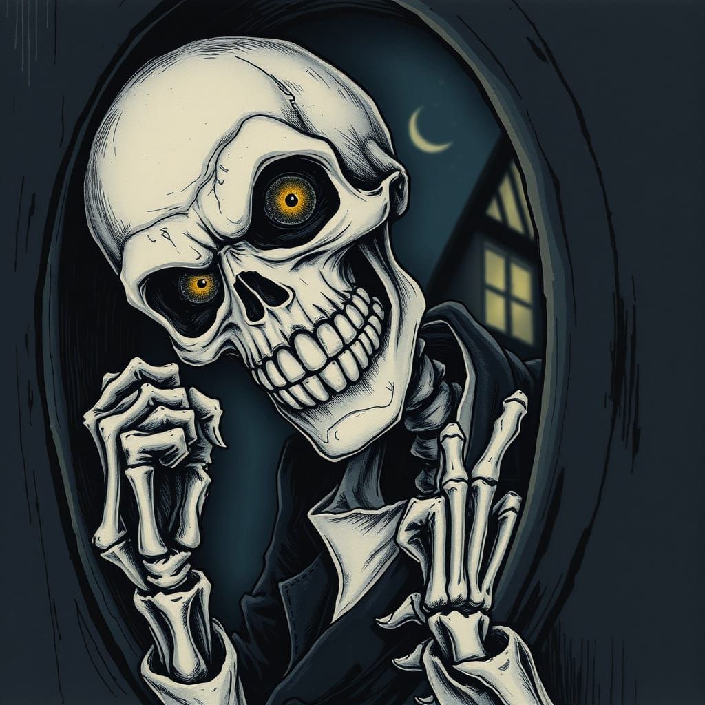 Creepy Smiling Skeleton Peering Through Peephole
