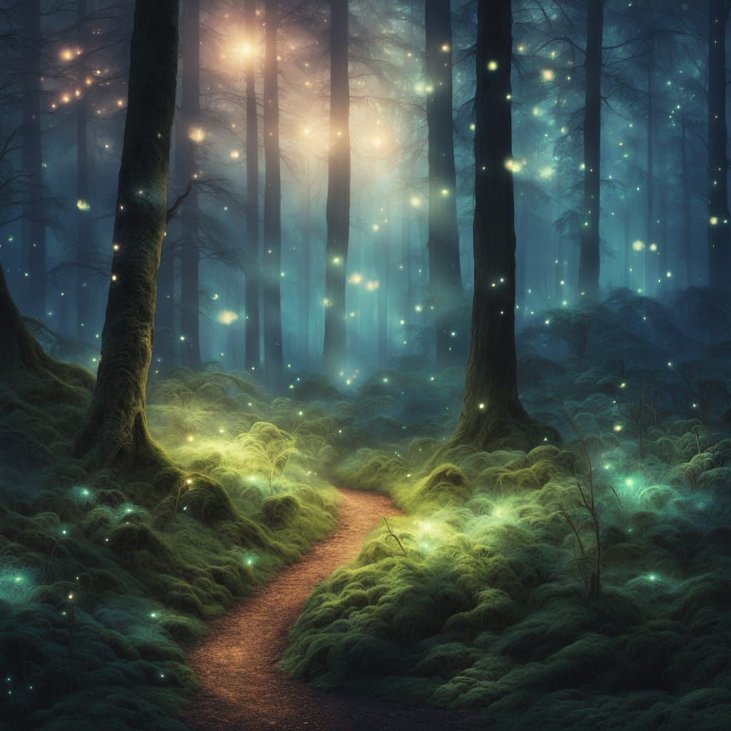 Dreamy Watercolor Forest Scene with Fireflies