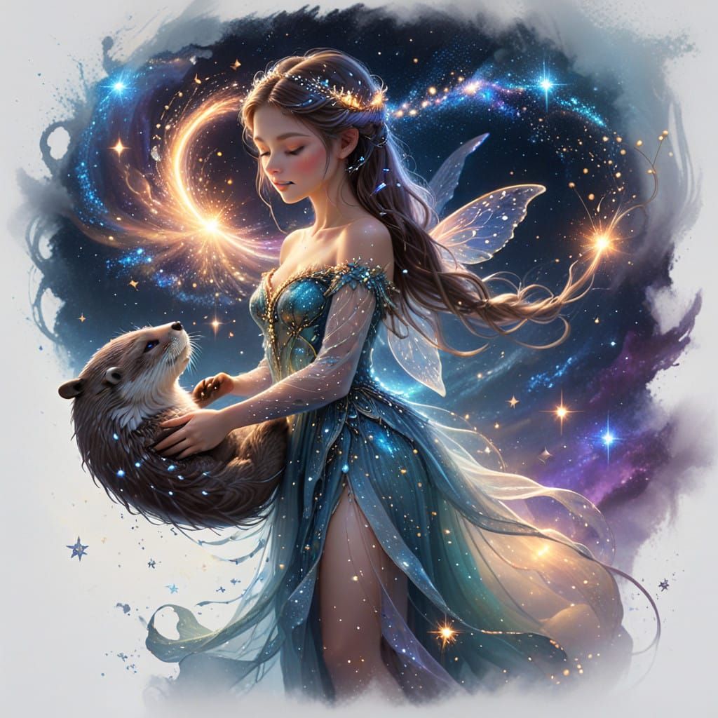 Celestial Fairy and Majestic Otter in a Sparkling Cosmic Rea...