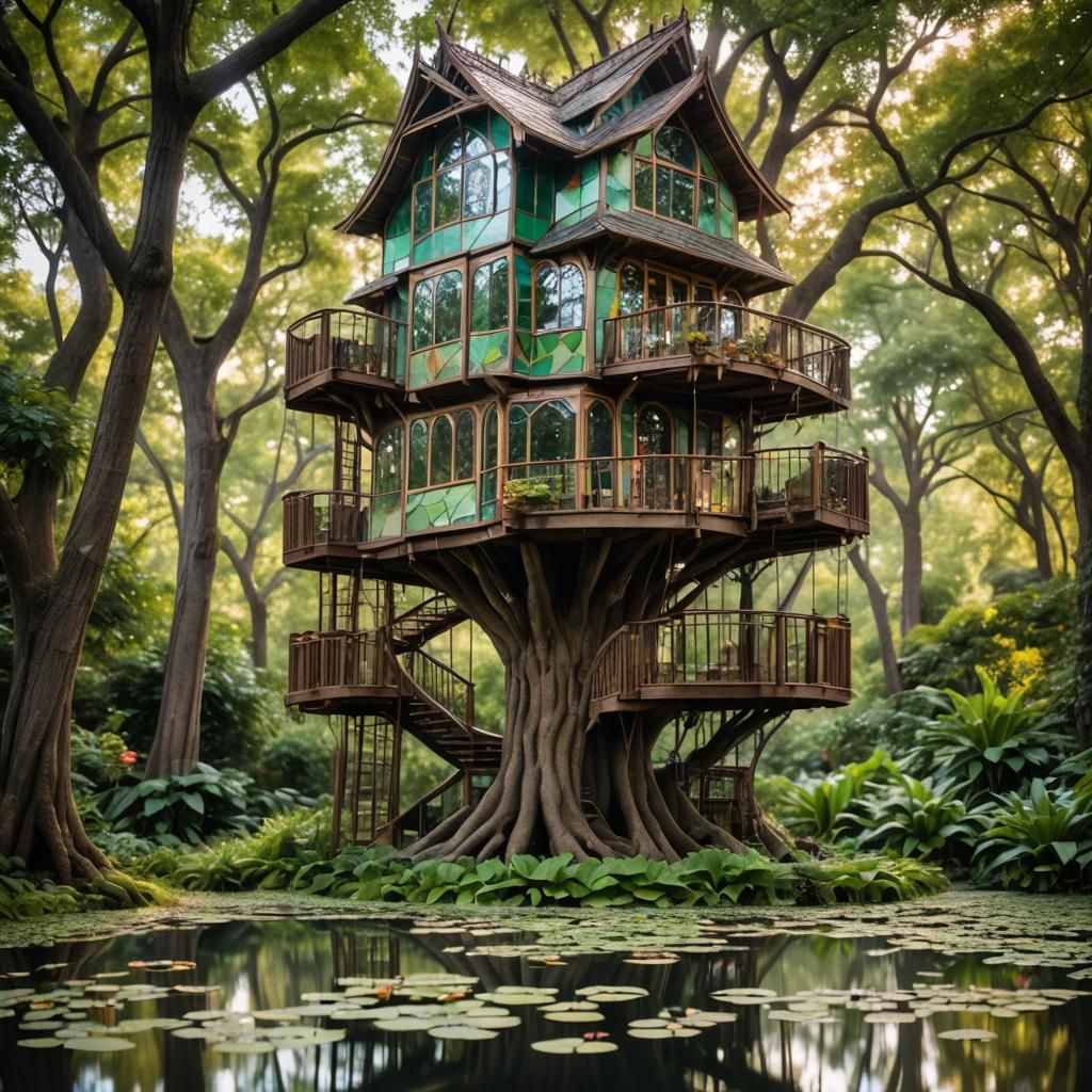 Enchanted Frog Treehouse with Stained Glass