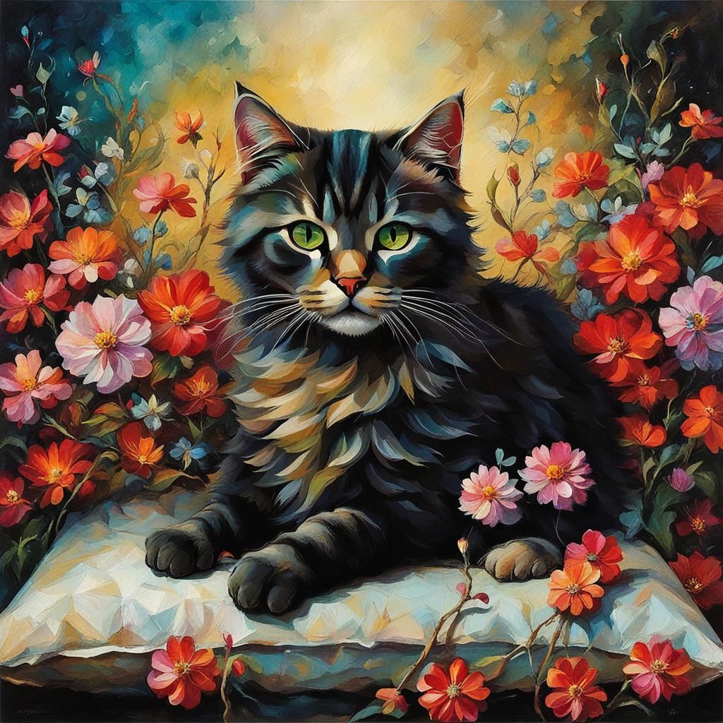 Cat on Pillow Surrounded by Flowers in Surreal Style