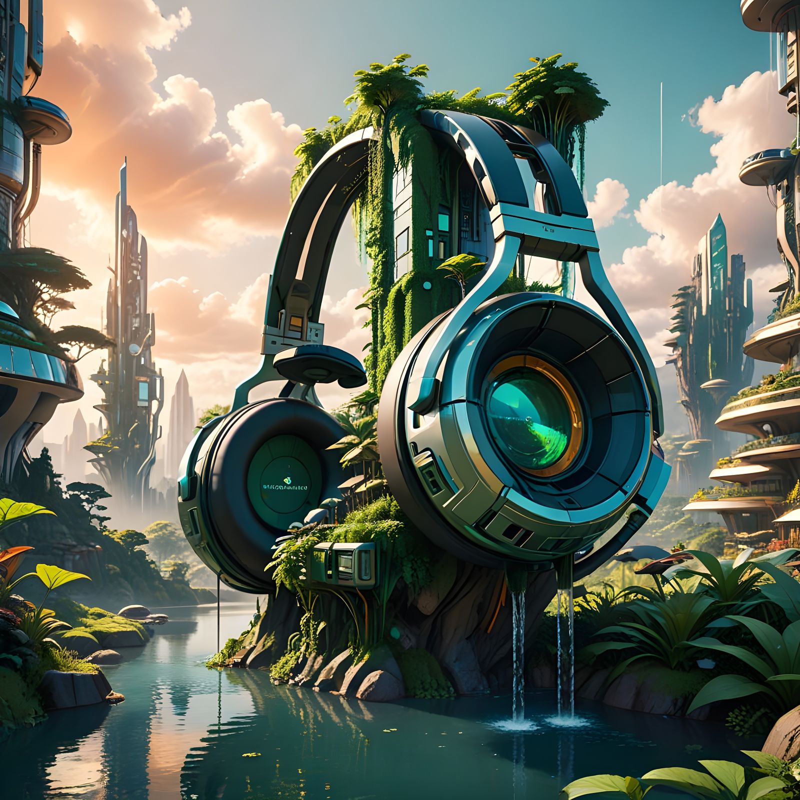Surreal Solarpunk Metropolis within a Giant Headphone