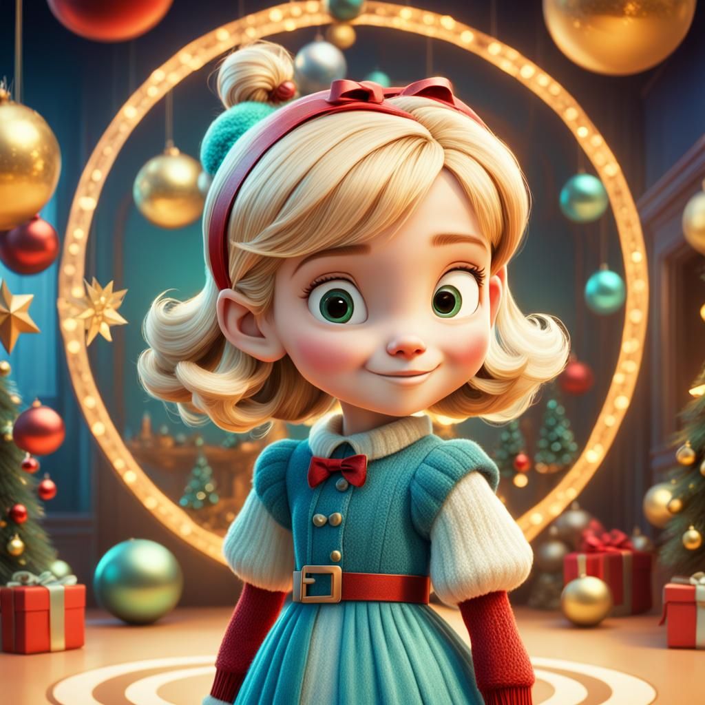 Retro Christmas Card with Blond Girl: 3D Digital Art