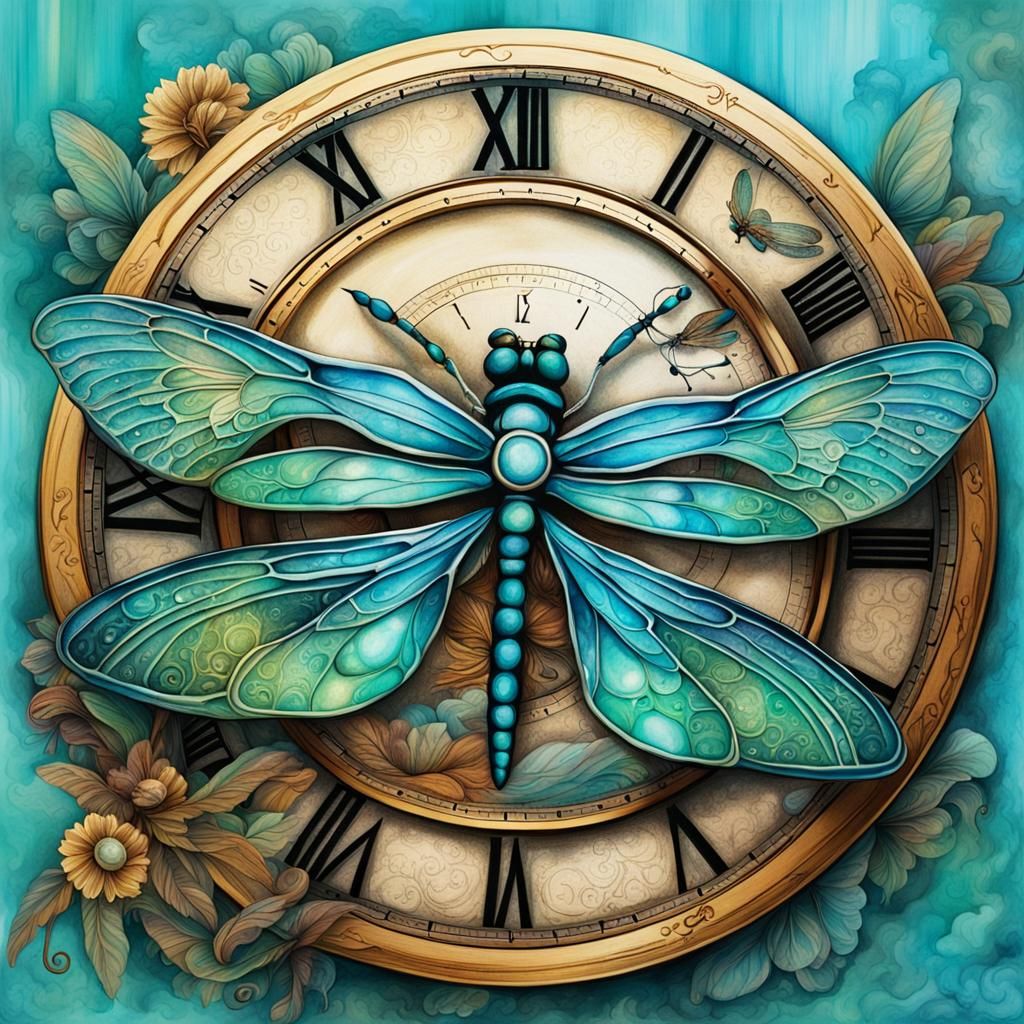 Dragonfly Winged Clocks Under Crescent Moon in Gouache Style