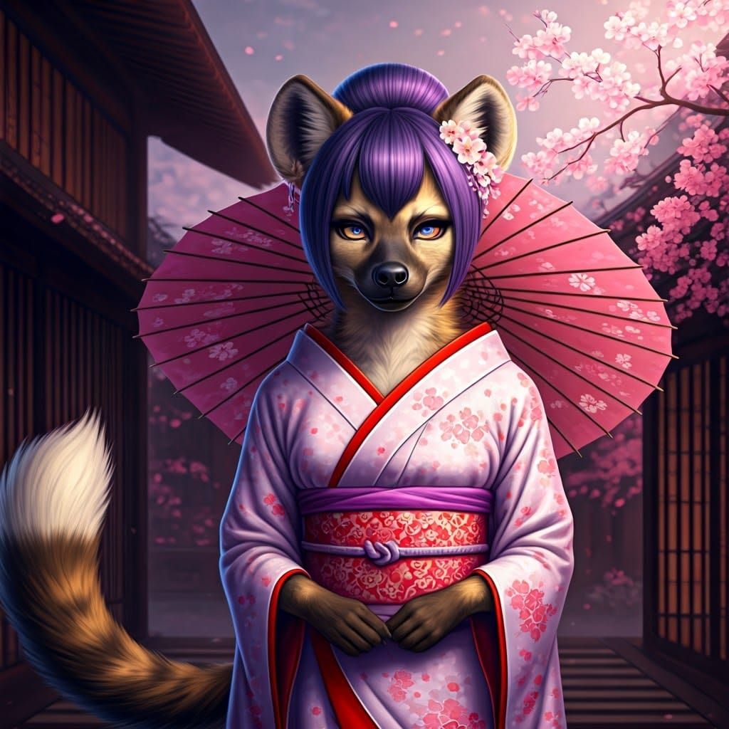 Epic masterpiece of a sassy feisty lithe feminine anthropomorphic (Furry she-hyena) in Japan, dressed like a geisha wear...