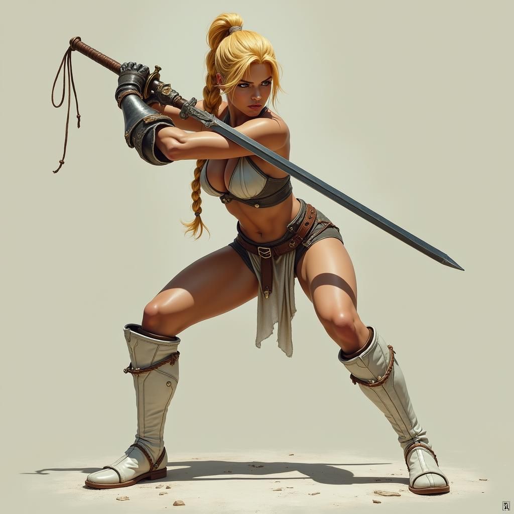 Muscular Woman with Sword in Hyperrealistic Style