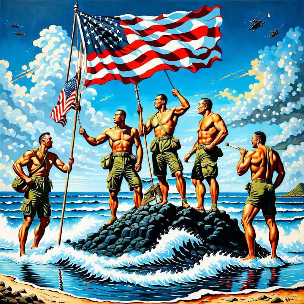 Patriotic Scene with Tiny Aliens in Oil Painting