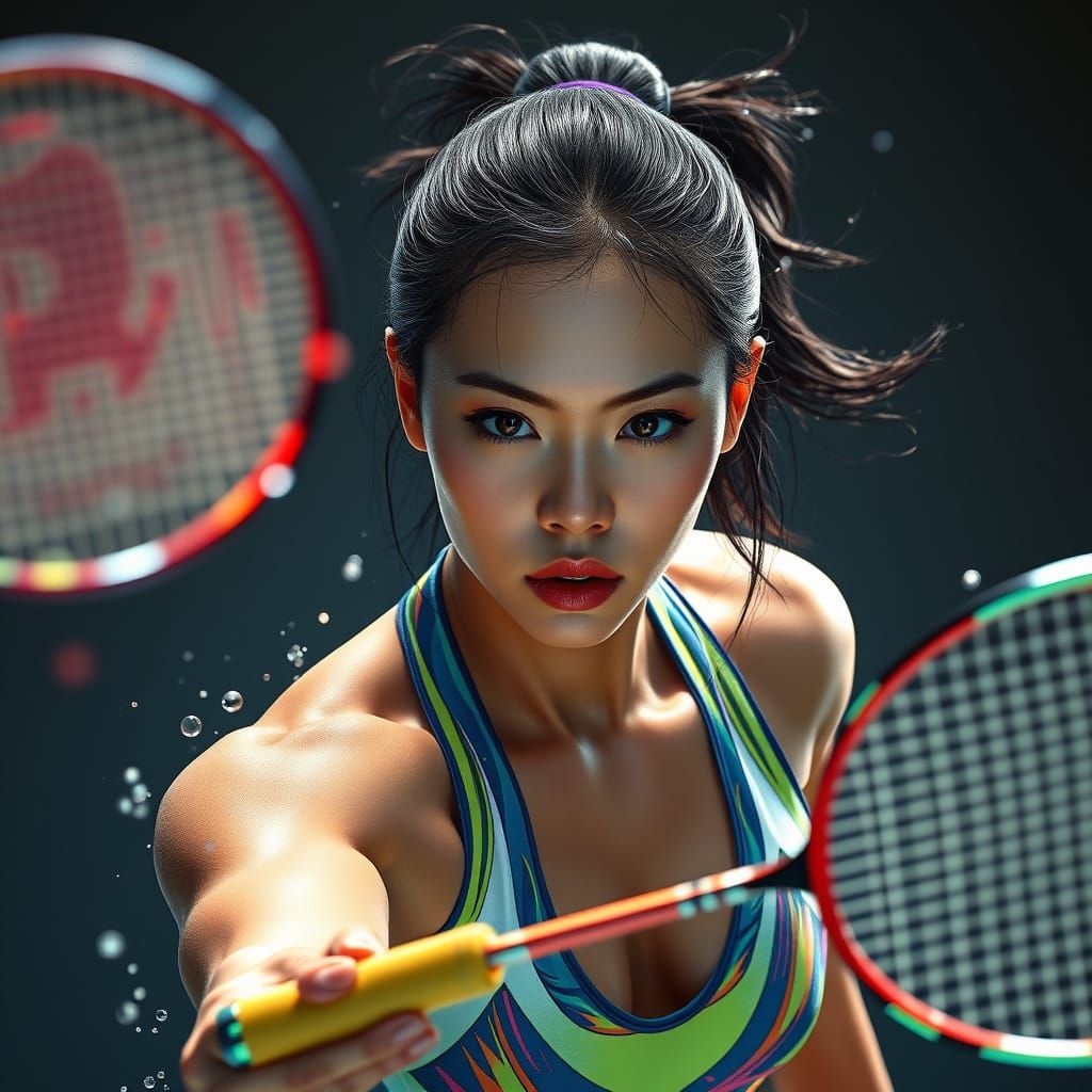 Confident Asian Athlete in Vibrant Swimsuit Plays Badminton