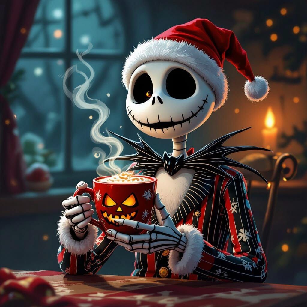 Jack Skellington in Christmas Pajamas with Spider Mug