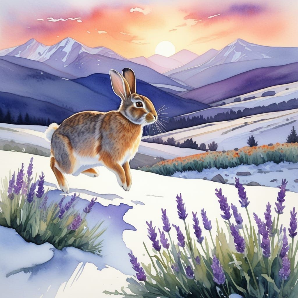 Vibrant Watercolor Rabbit Leaps Through Winter Sunset Prairi...