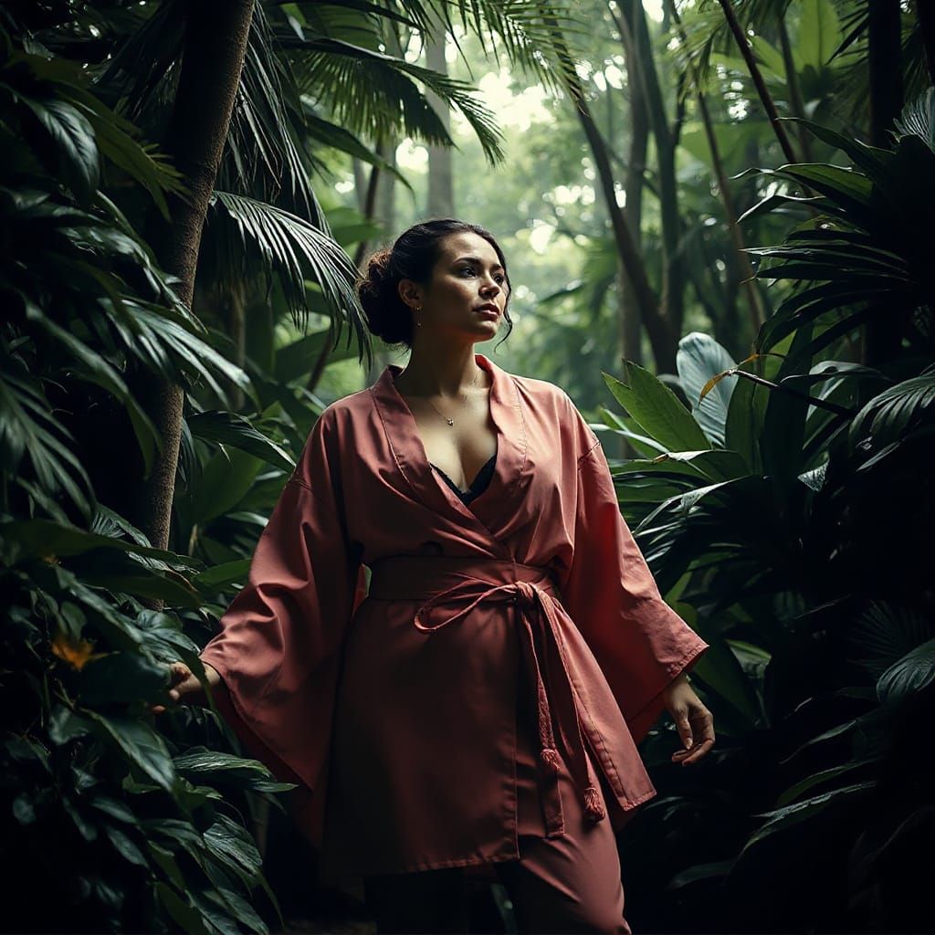 Woman in Kimono Emerging from Tropical Forest
