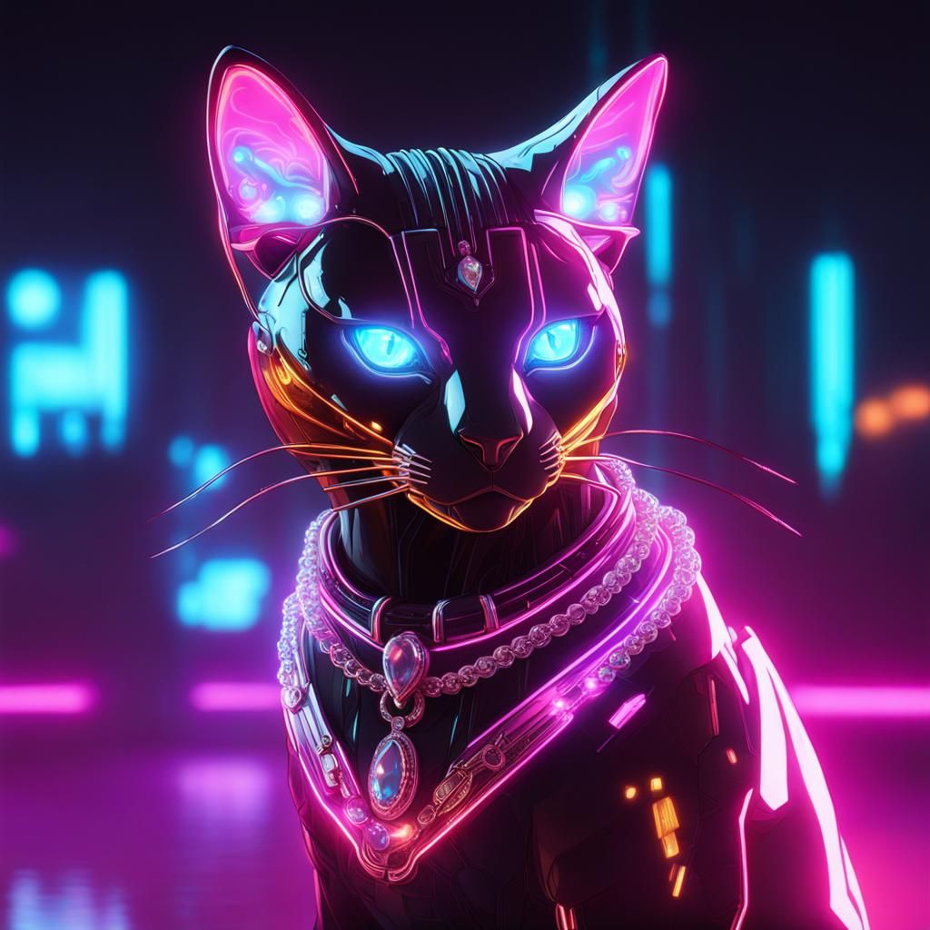 Cyberpunk Cat with Glowing Crystal Eyes