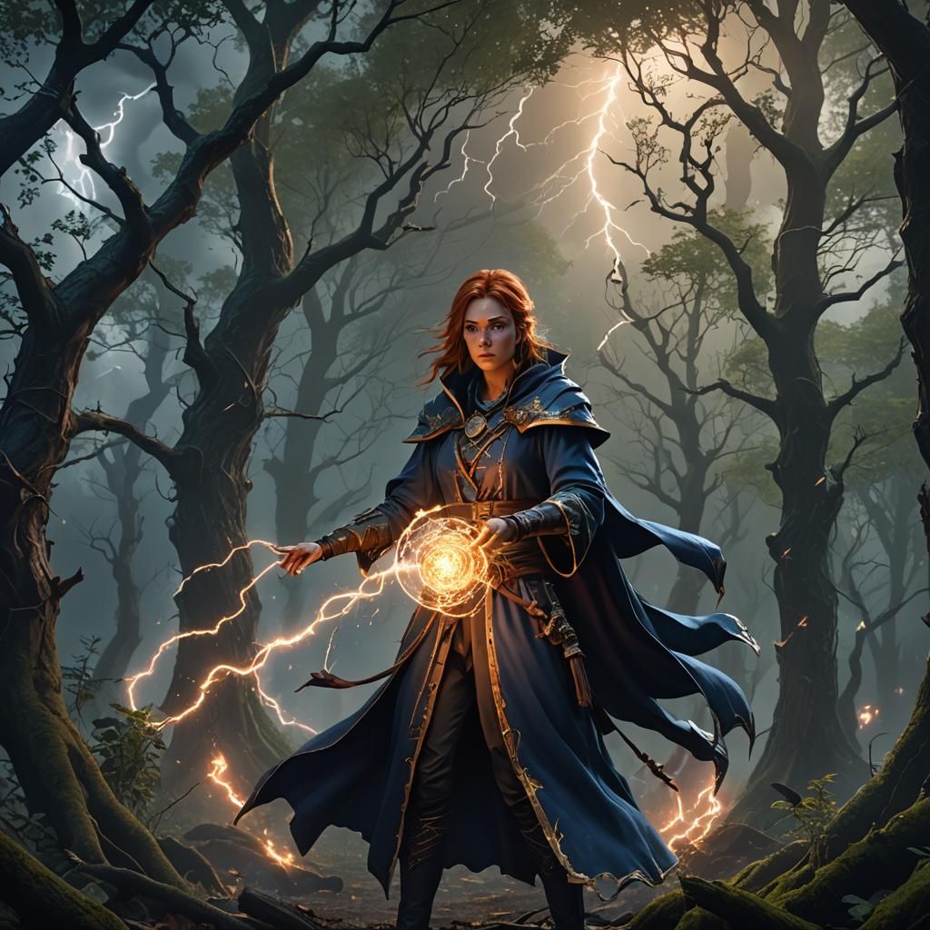 Female mage doing magic in the spooky forest, lightning in d...