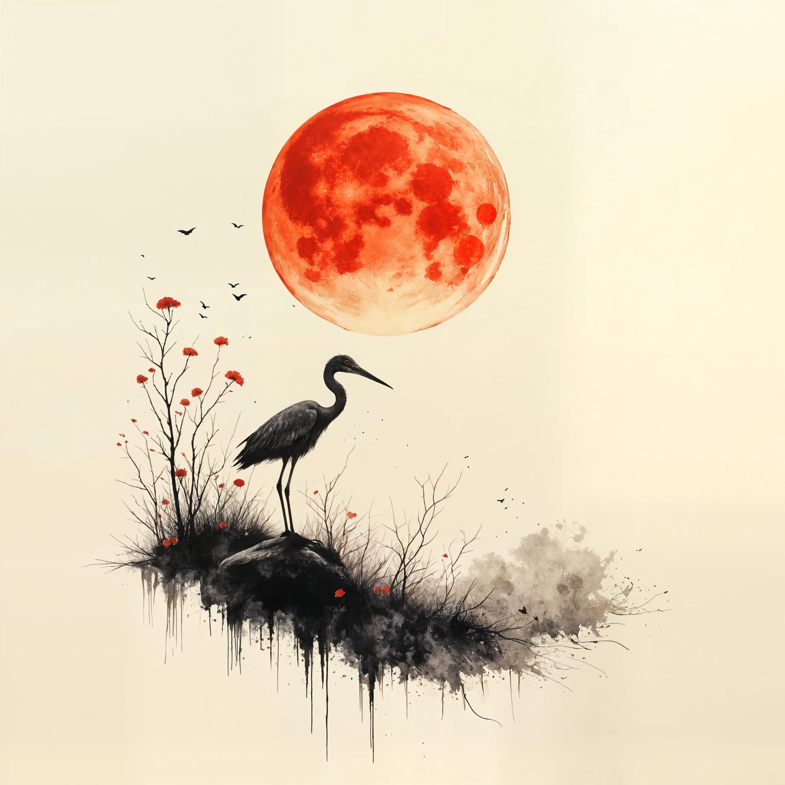 Ethereal Heron Under Bloodmoon Sunset