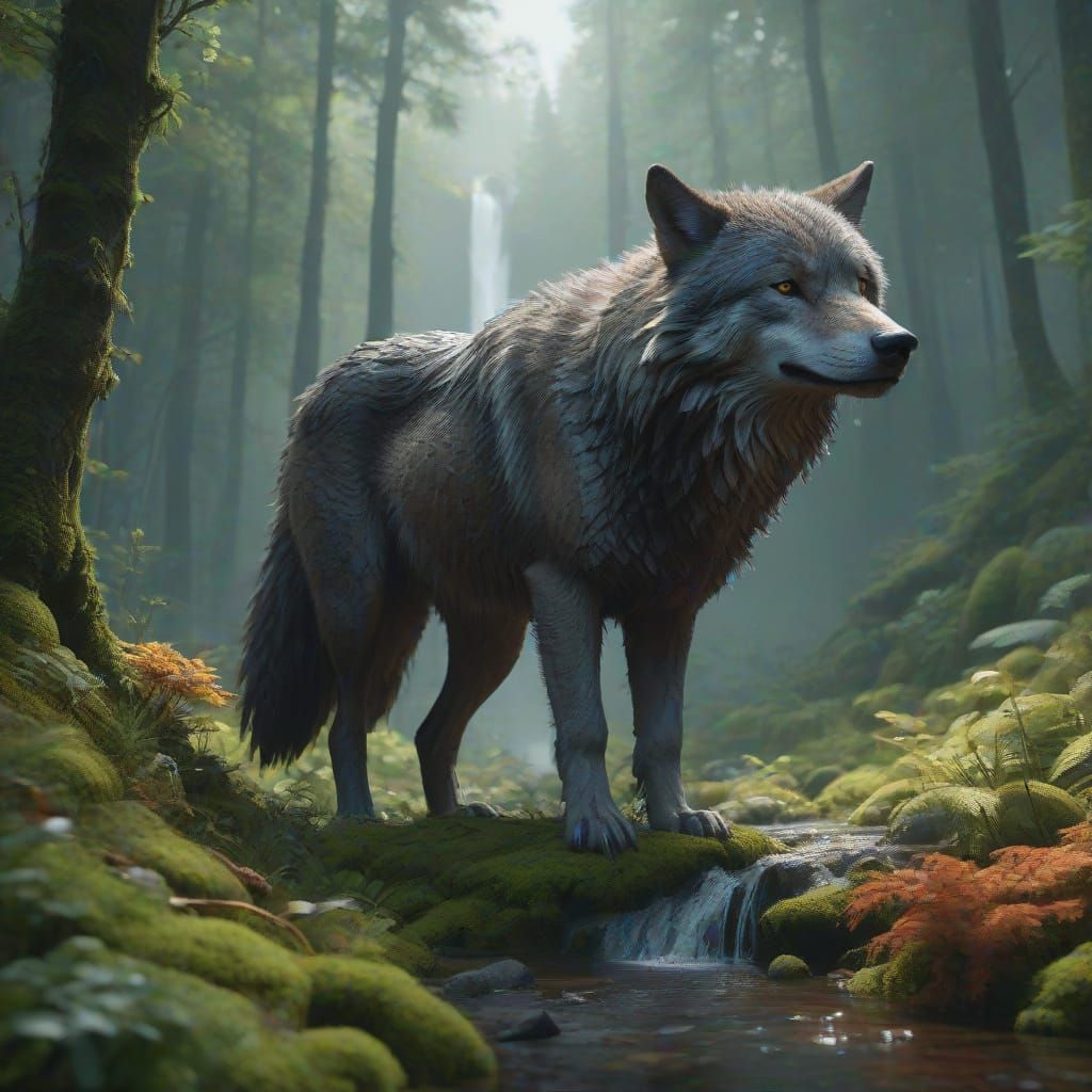 Wolf Surrounded by Waterfall Mist in Hyper-Realistic Landsca...