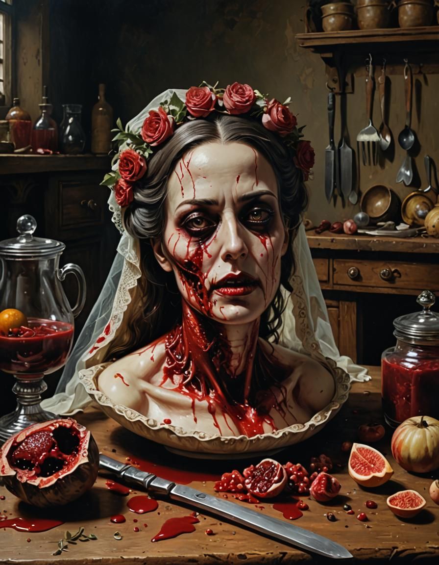 Gothic Housewife with Severed Head: Surreal Still Life
