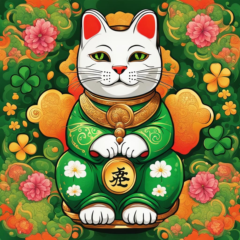 Maneki Neko with Shamrocks and Spring Flowers