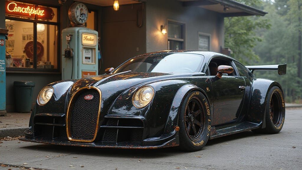 Art Nouveau-Inspired Car in a Retro Gas Station Scene with H...