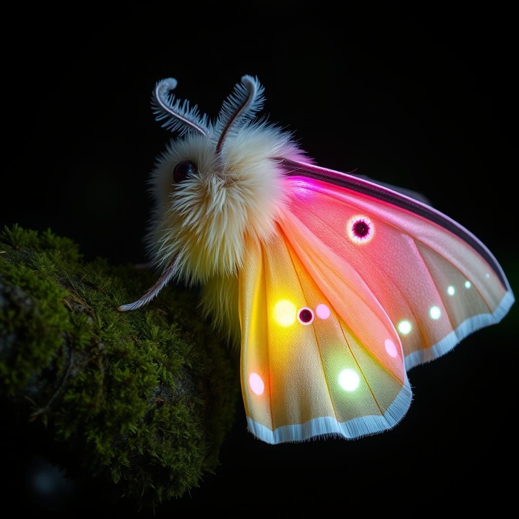 Glowing Polka Dot Moth on Mossy Branch