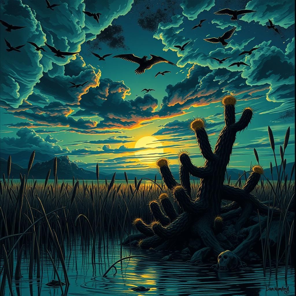 Surreal Comic Art: Wounded Night Grappling with Noon