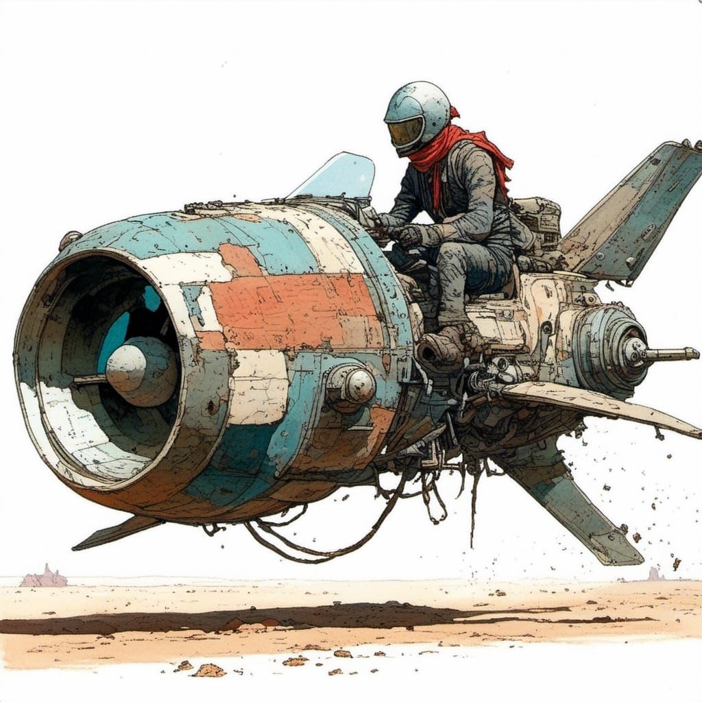 Futuristic Hoverbike in Desert, Moebius Style