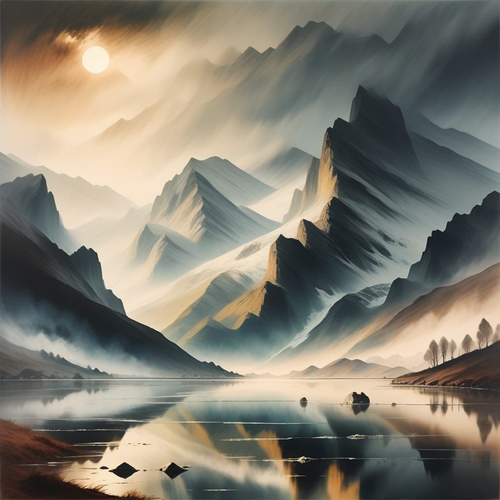 Misty Mountains Landscape in Romantic Style