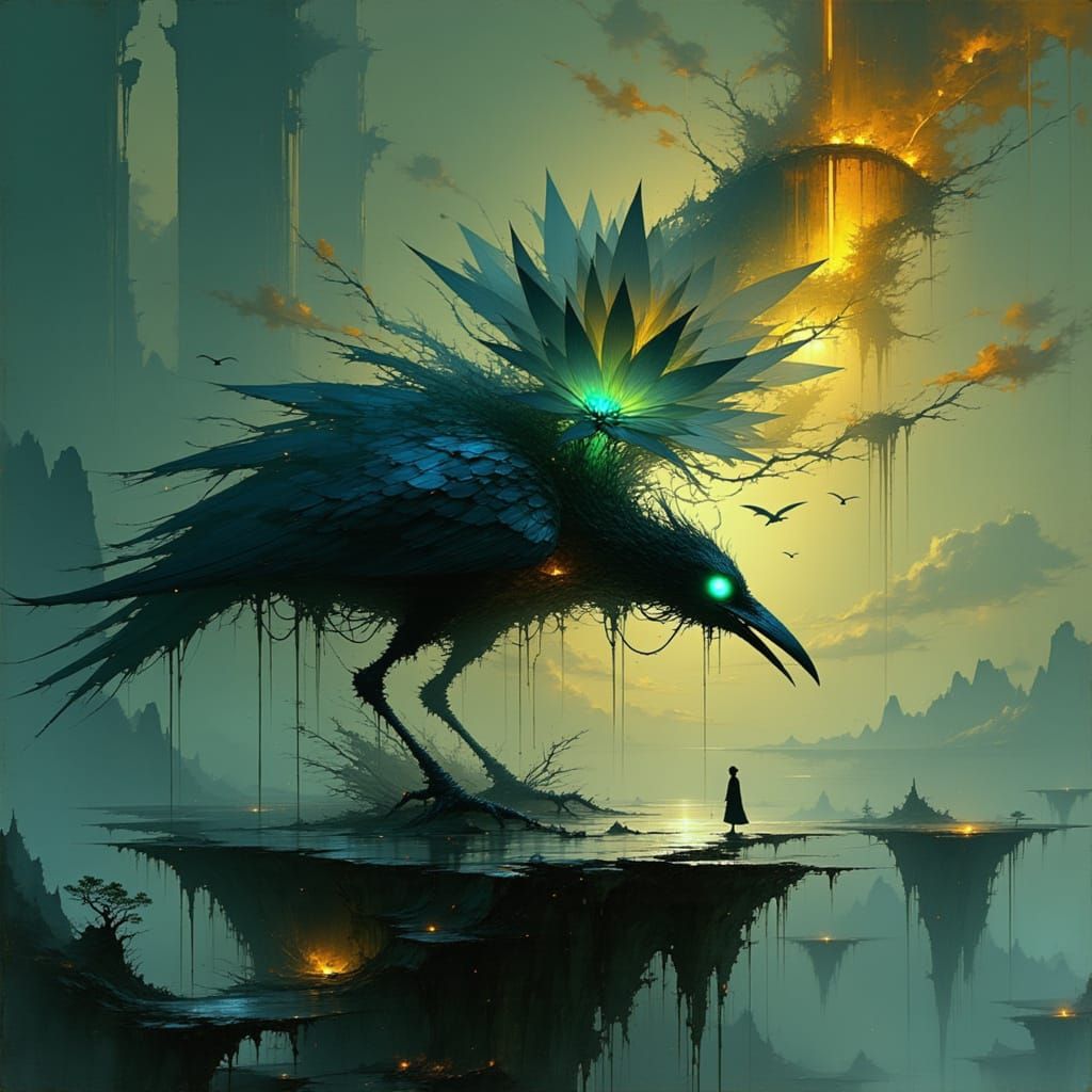 Biomechanical Crow Emerges from Obsidian Island in Dreamlike...